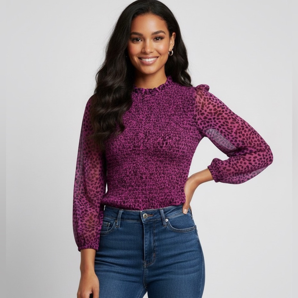 Express NWT Smocked Sheer Sleeve Mesh Top Purple Black Animal Print Cheetah Sz M